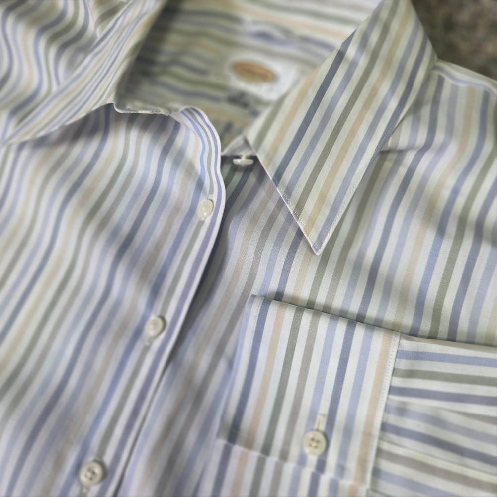 Talbots‎ Petites 10 Striped Button Down Shirt Blue Green Tan Wrinkle Resistant